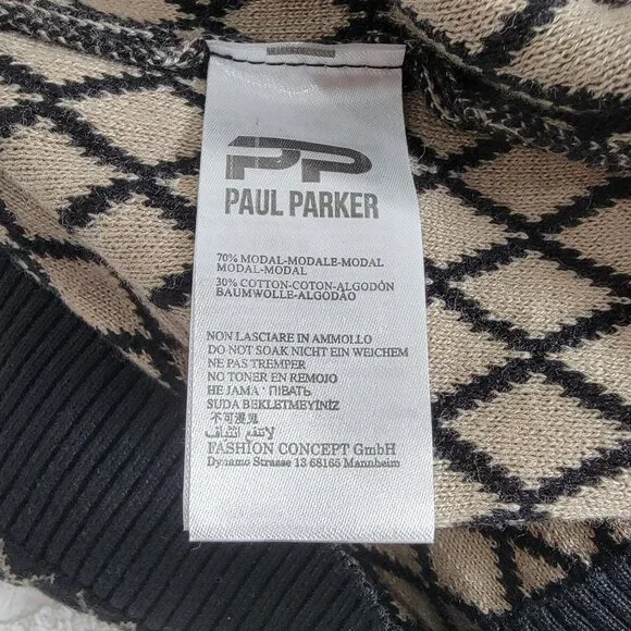 Paul Parker Mens XL Diamond Pattern Cardigan Sweater Black/Beige Full-Zip New